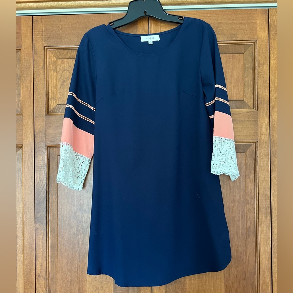 Umgee Navy Mini Dress with Coral and White Sleeves